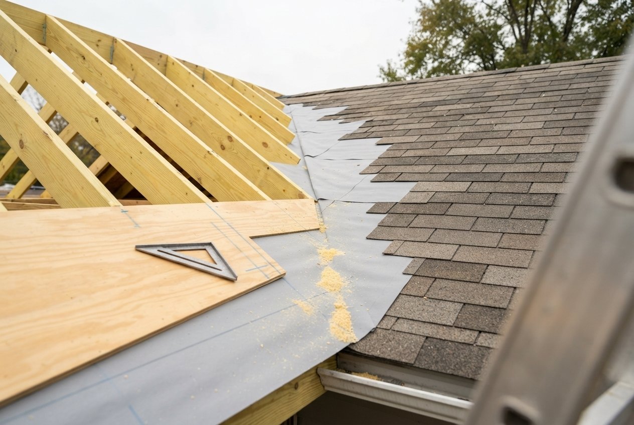 Addition roof tie-in with trusses, underlayment, and existing shingles.