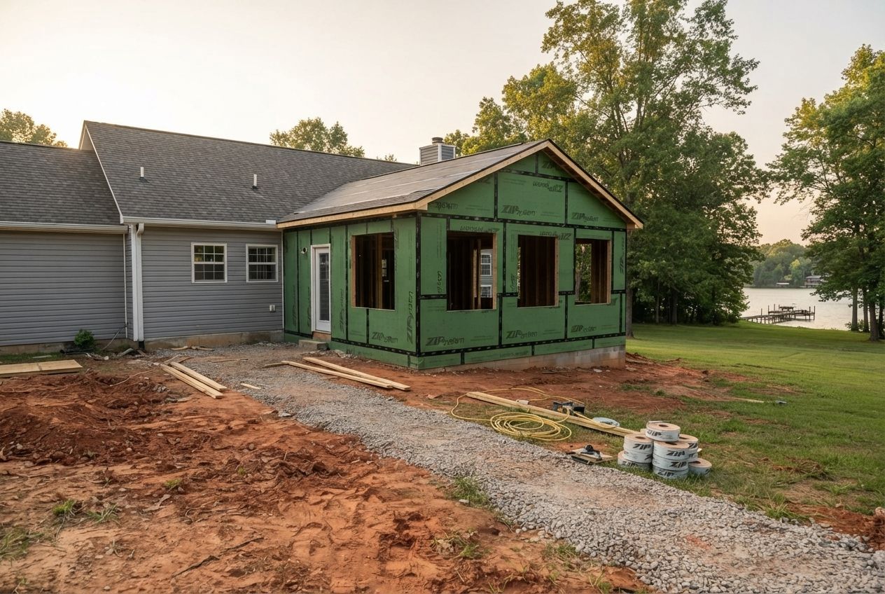 Primary-suite addition in ZIP sheathing on a lakeside lot.