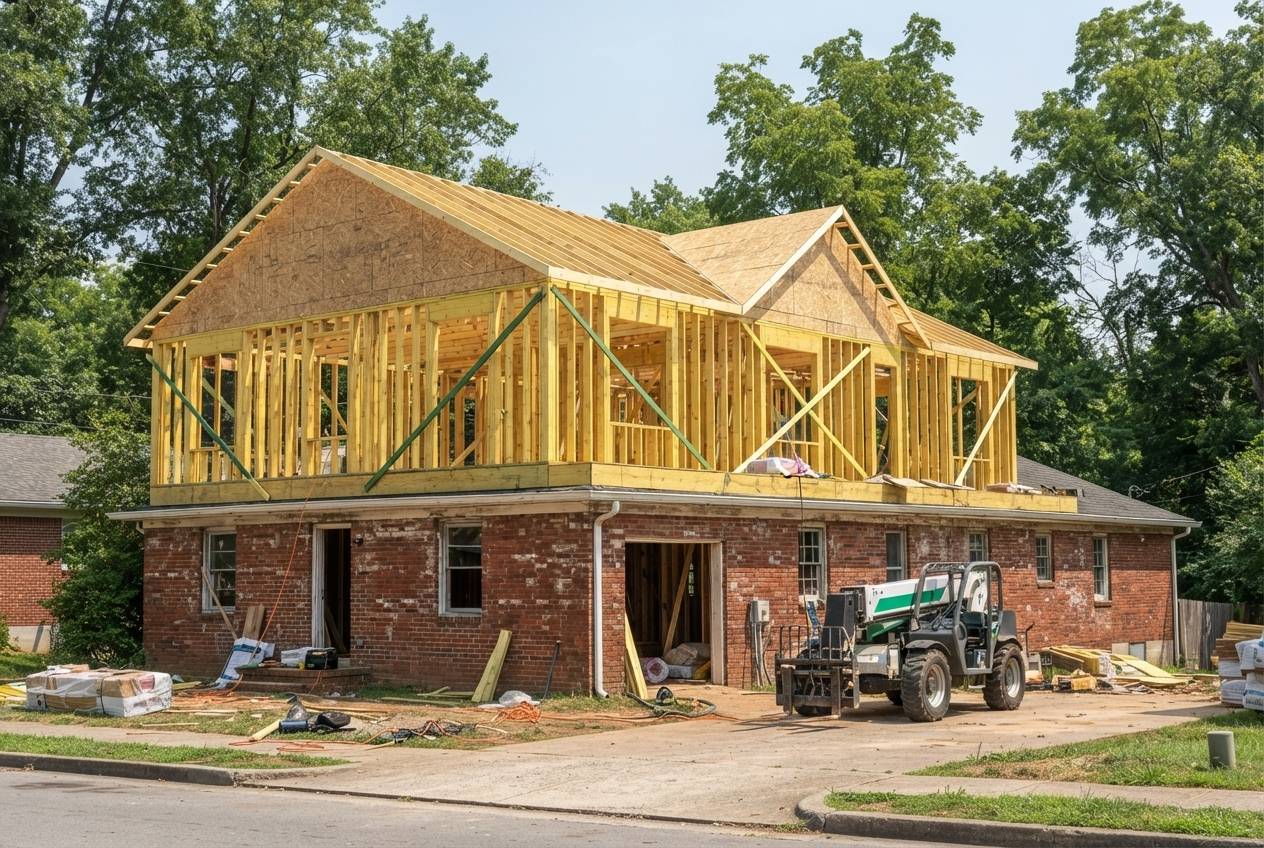 Second-story wood framing over an existing brick house.