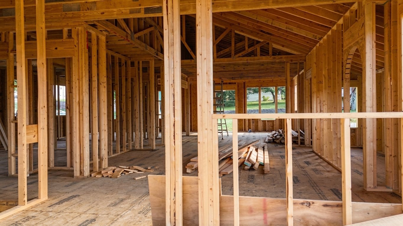 Interior wood framing with an arched opening.