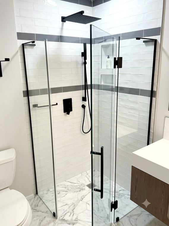 Marble walk-in shower bathroom remodel