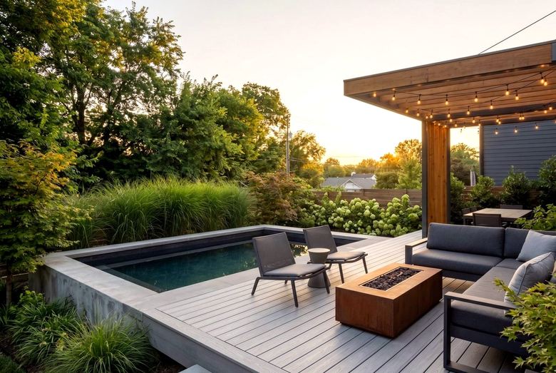Pool deck with pergola lounge