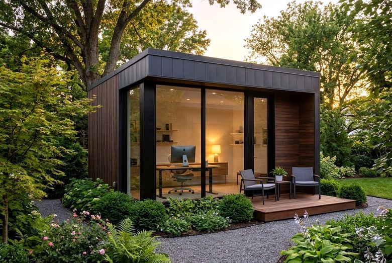 Custom home with warm evening lighting