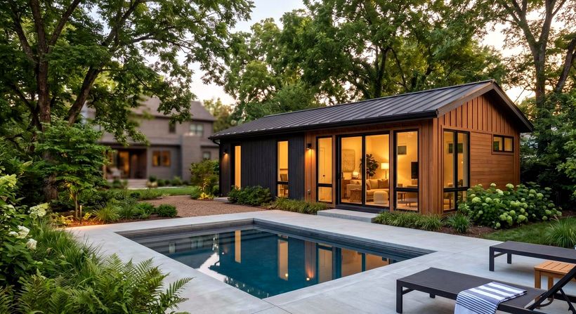 Completed Middle Tennessee home with pool and outdoor living at dusk