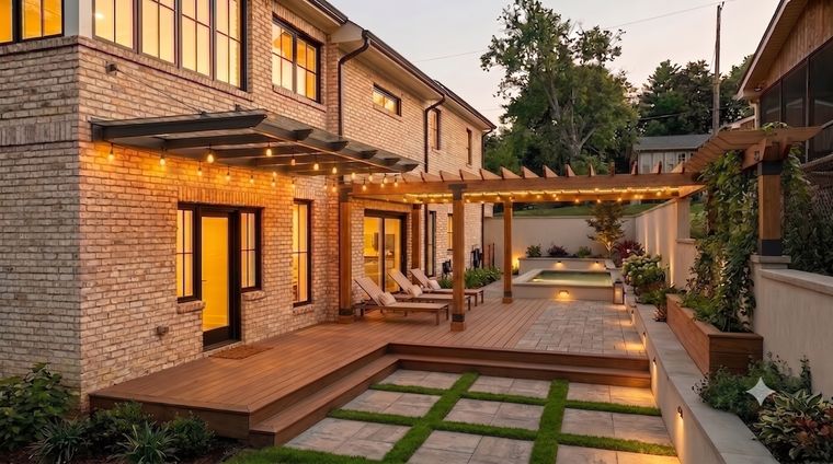 Backyard pool and pergola at dusk rendering
