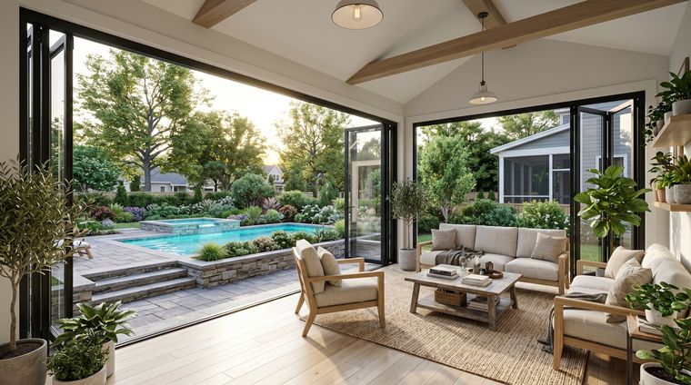 Living room open to pool rendering
