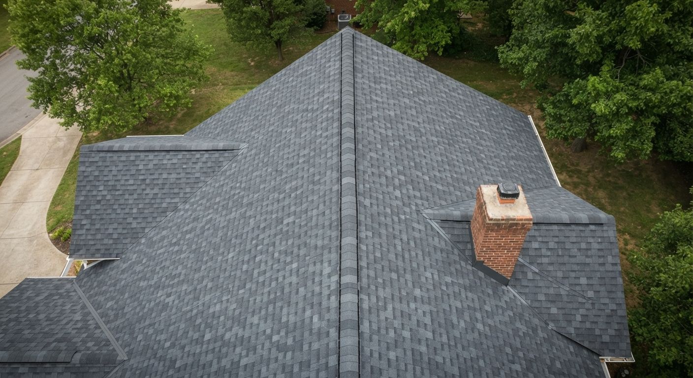 Top-down architectural shingles with a closed ridge, no plastic ridge cap.