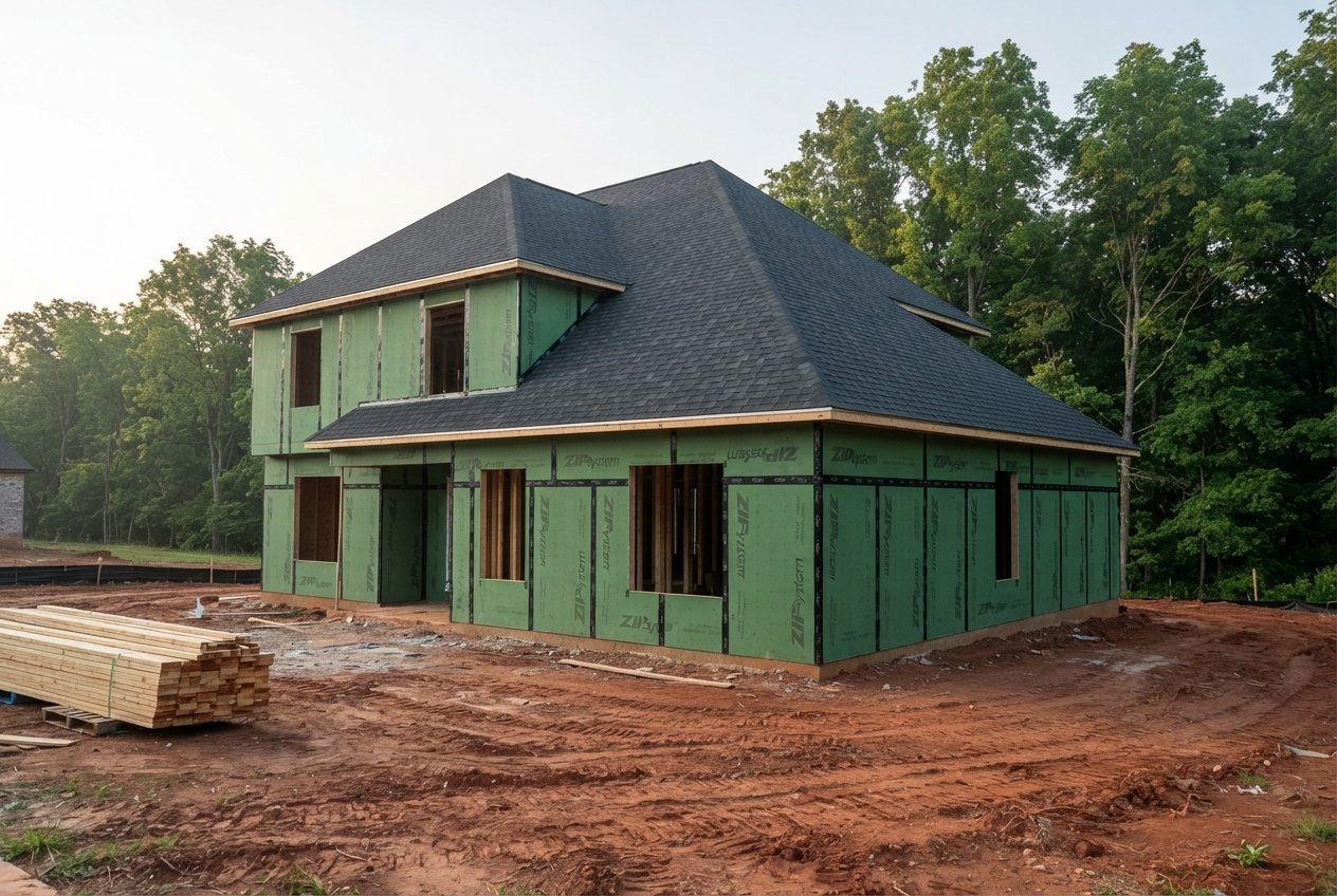 Two-story ZIP-sheathed house with a new shingle roof.