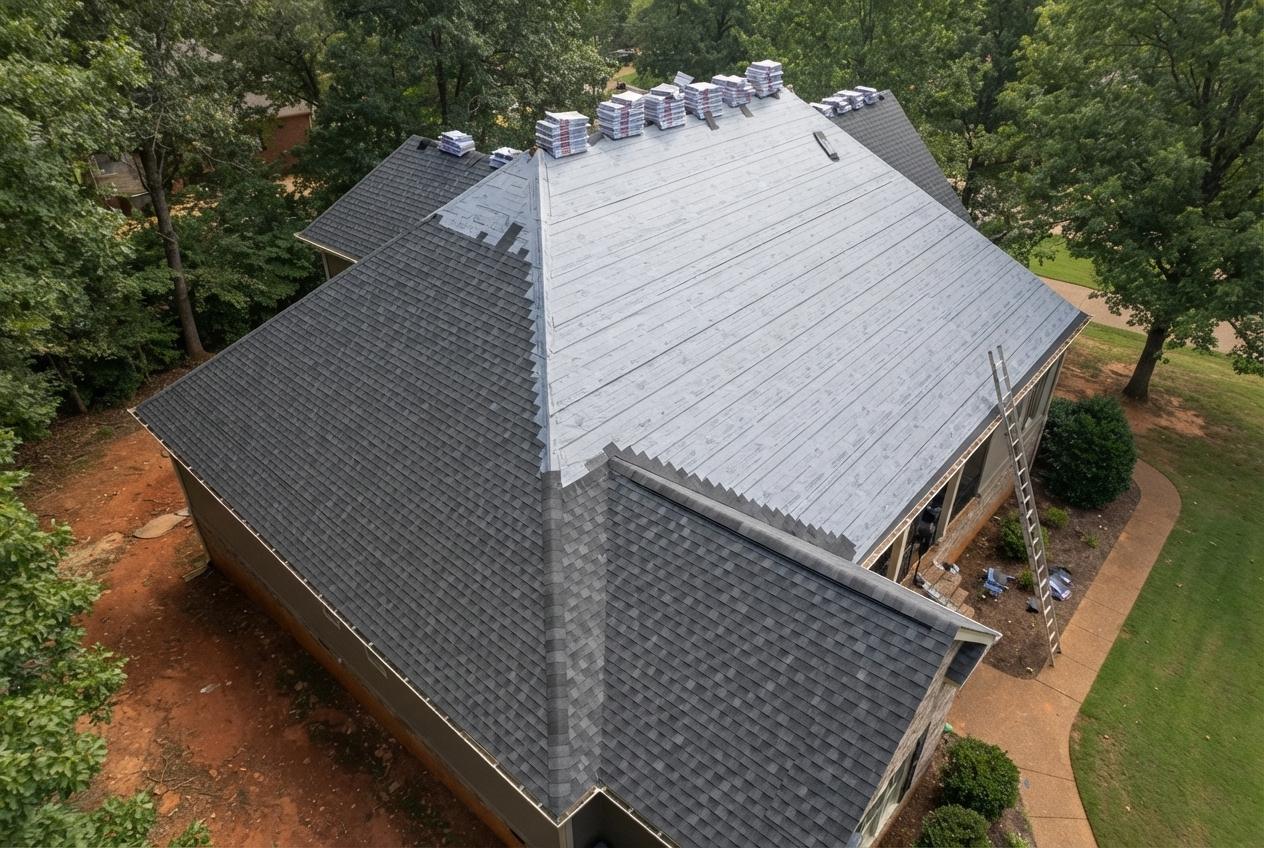 Aerial of architectural shingles going down over underlayment.