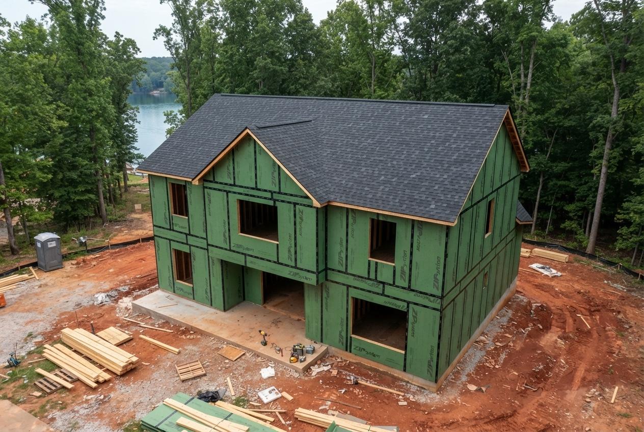 ZIP-sheathed house with a finished architectural-shingle roof near a lake.