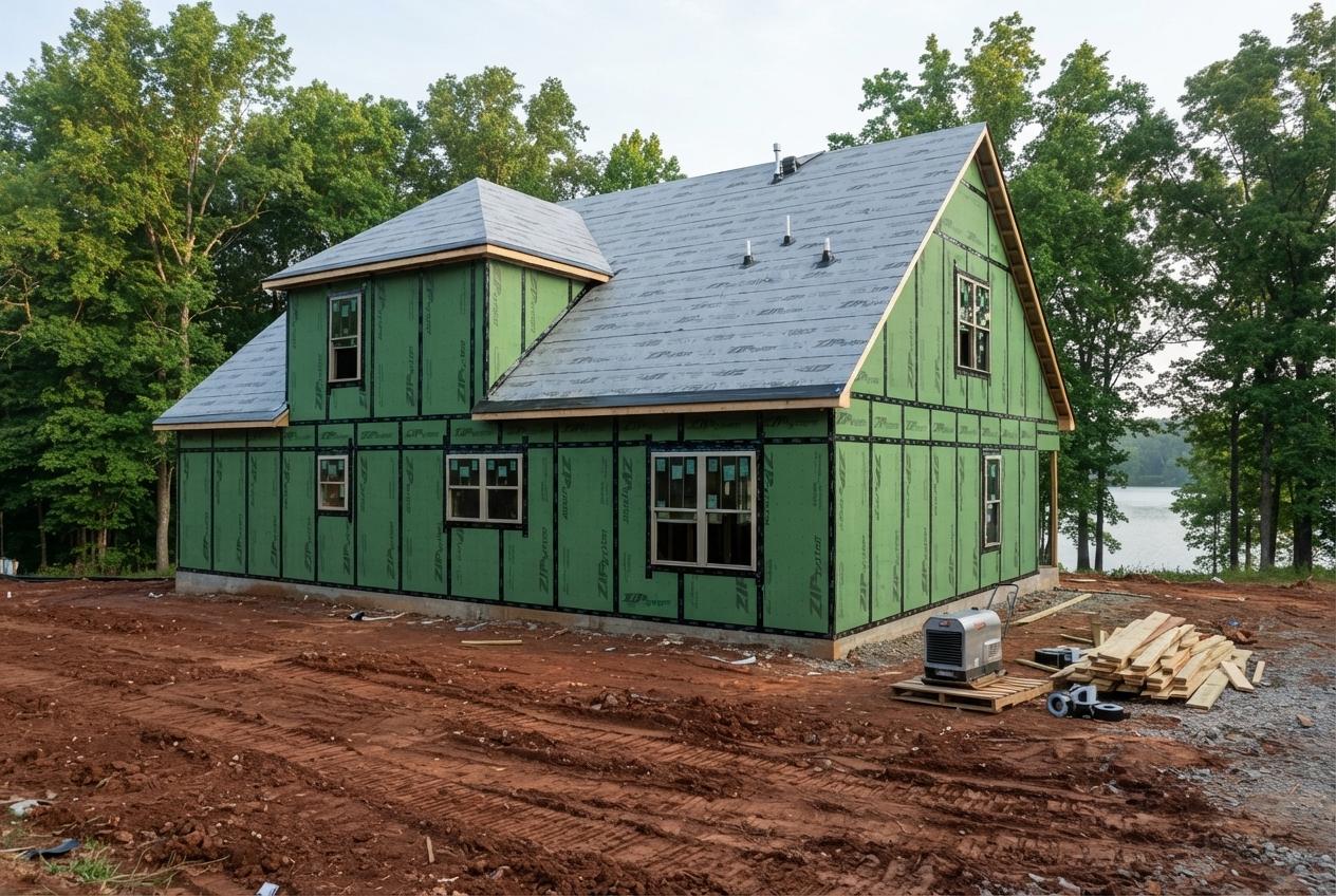Custom-home envelope on a lakeside lot, ZIP walls and underlayment.