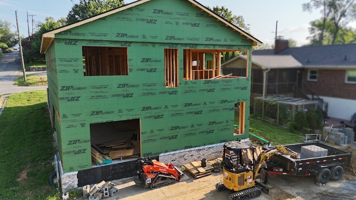 Two-story ZIP-sheathed house envelope on a residential lot.